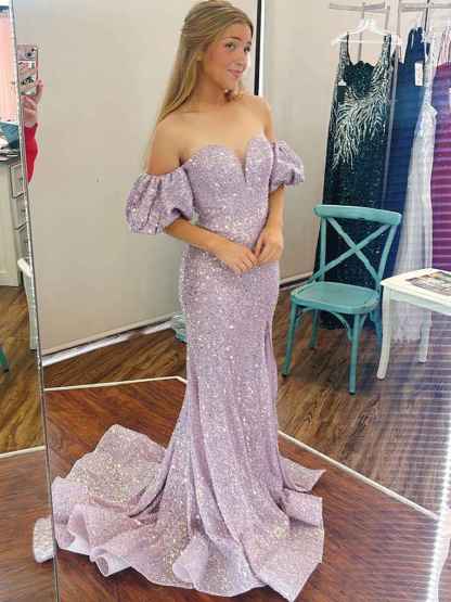 Lilac Sequin Off-the-Shoulder Puff Sleeve Prom Dress