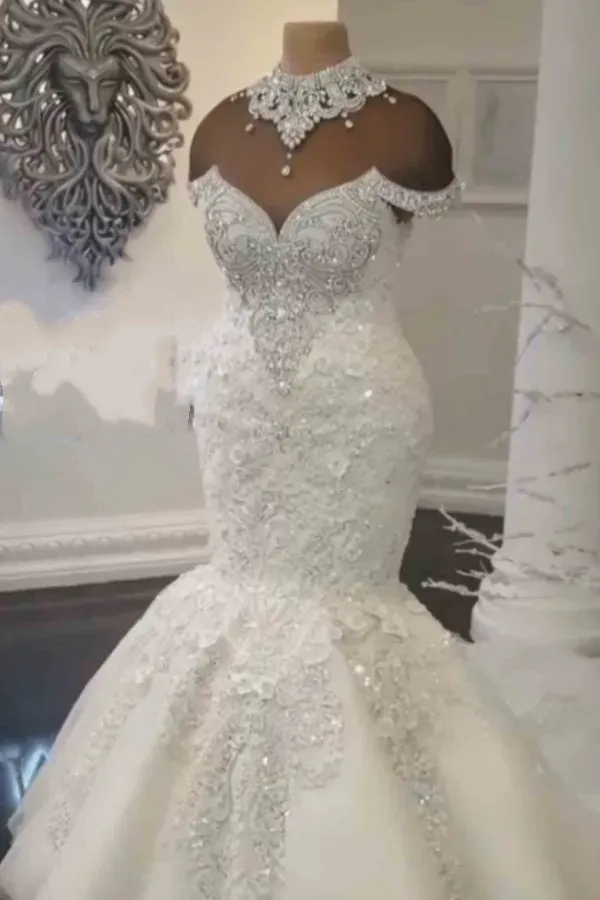Long Off the Shoulder Appliques Lace Tulle Mermaid Wedding Dress