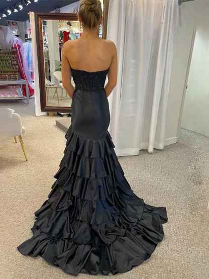 Pink Mermaid Strapless Satin Tiered Long Prom Dress with Sequins