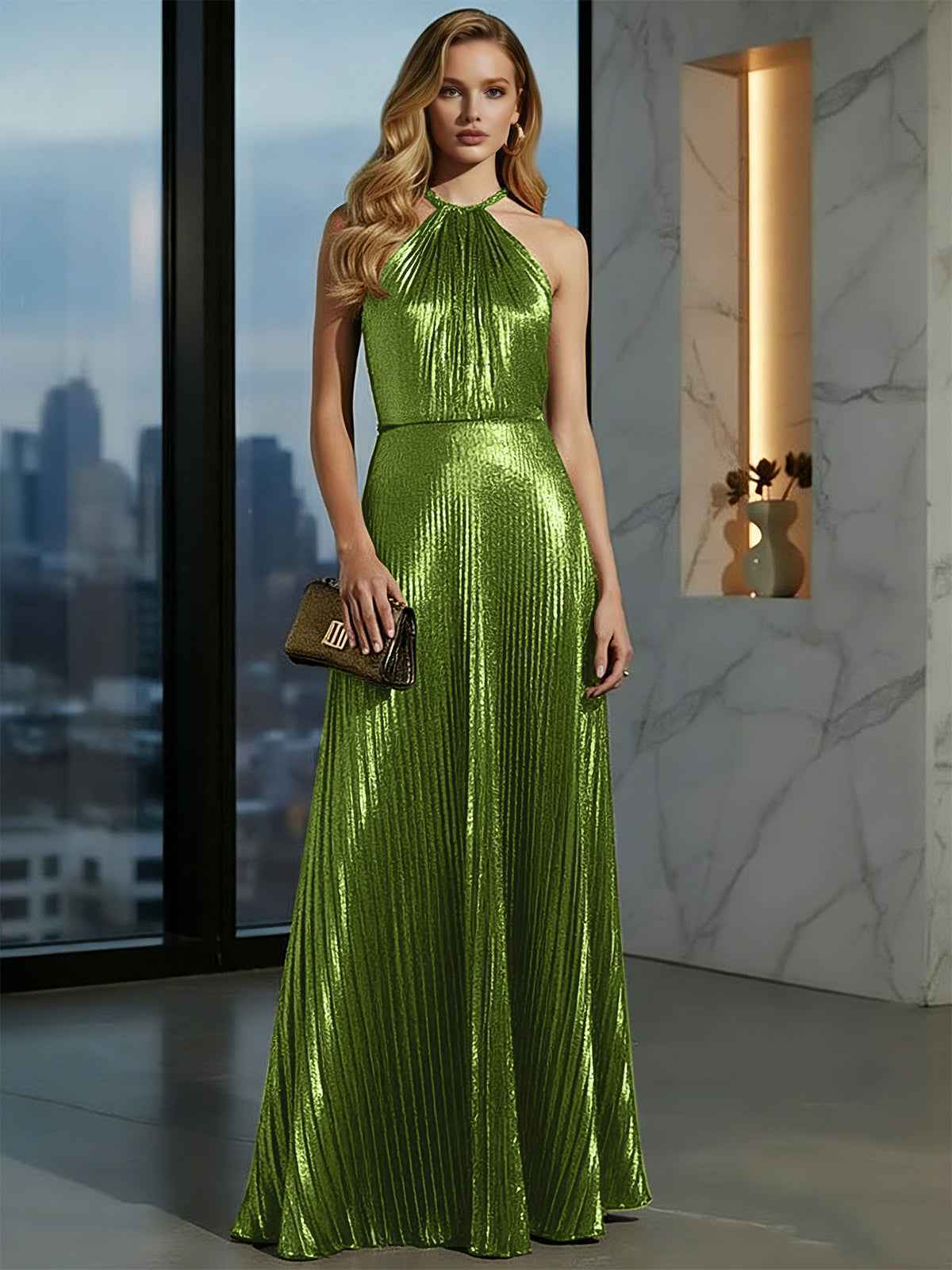 Luxurious Champagne-Gold Pleated Halter Long Prom Dress