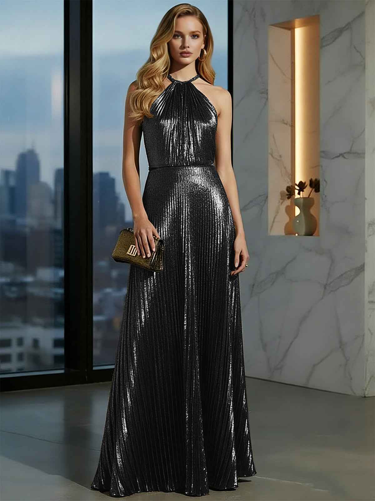 Luxurious Champagne-Gold Pleated Halter Long Prom Dress