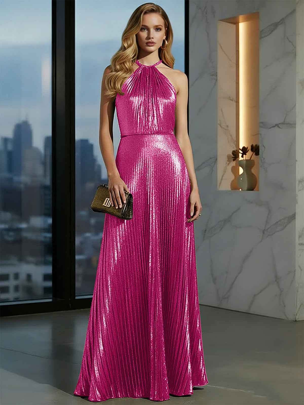 Luxurious Champagne-Gold Pleated Halter Long Prom Dress