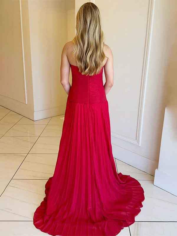 Yellow A Line Strapless Sweetheart Pleated Prom Dress with High Slit