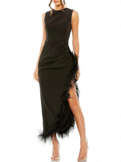 Sleeveless Jewel Neck Tea-Length Sheath Dress for Wedding Guests-BMbridal