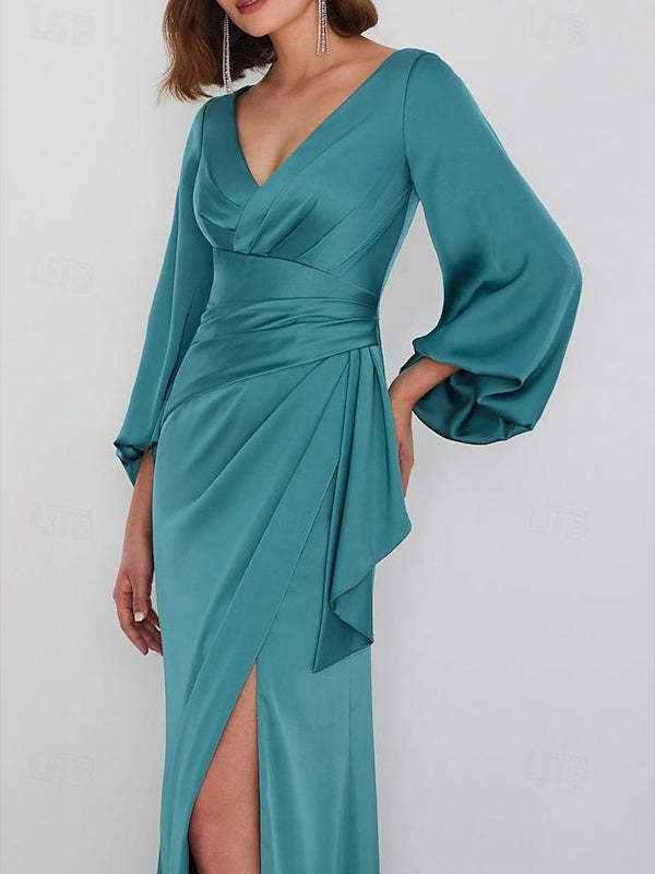 Long Sleeve V-Neck A-Line Wedding Guest Dress in Charmeuse with Ruched Detail-BMbridal