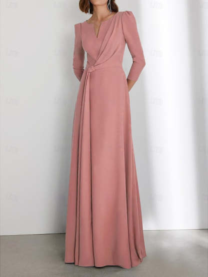Floor-Length V-Neck Wedding Guest Dress with 3/4 Sleeves and Criss-Cross Ruching-BMbridal
