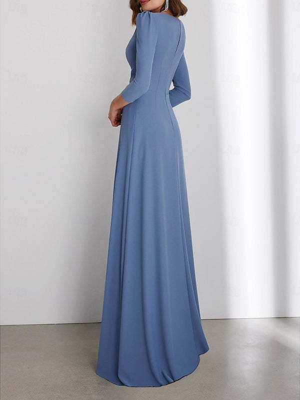 Floor-Length V-Neck Wedding Guest Dress with 3/4 Sleeves and Criss-Cross Ruching-BMbridal