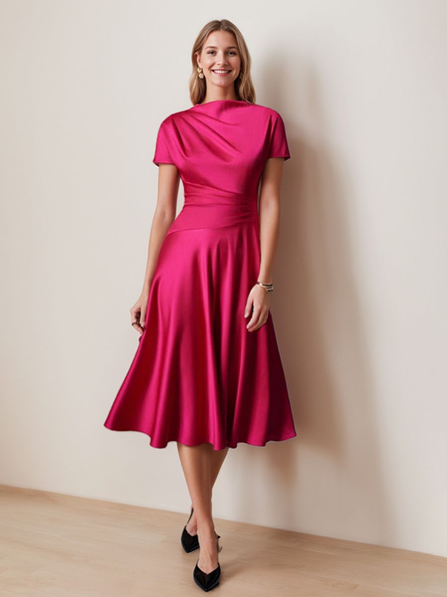 Elegant Knee-Length Wedding Guest Dress with Ruched Detail A-Line/Princess Cut Scoop Neck and Short Sleeves