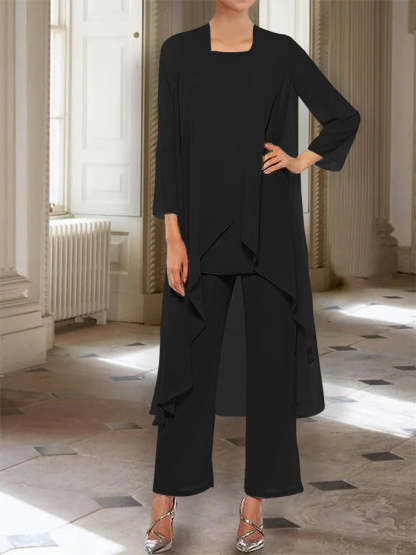 Ankle-Length Mother of the Bride Pantsuits with Jacket in Chiffon Round Neck and 3/4 Sleeves-BMbridal