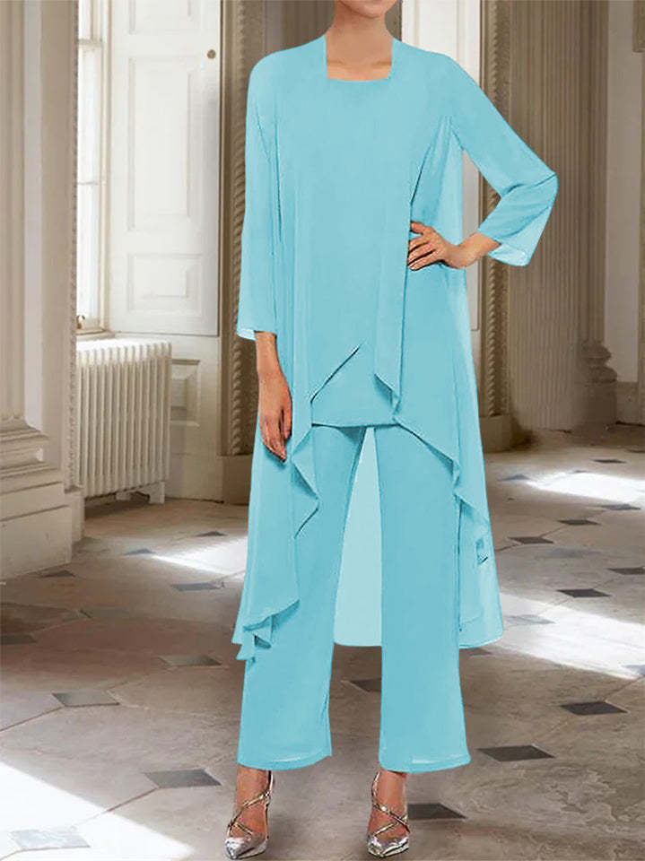 Ankle-Length Mother of the Bride Pantsuits with Jacket in Chiffon Round Neck and 3/4 Sleeves-BMbridal