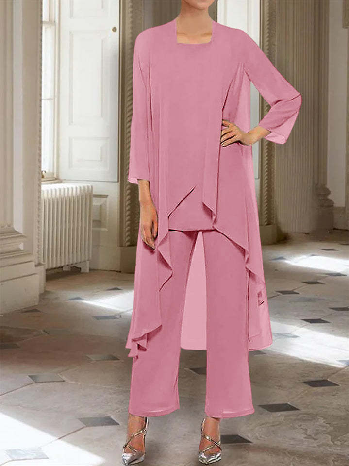 Ankle-Length Mother of the Bride Pantsuits with Jacket in Chiffon Round Neck and 3/4 Sleeves-BMbridal
