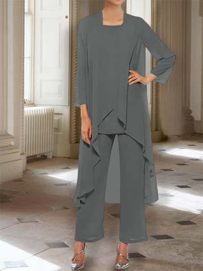 Ankle-Length Mother of the Bride Pantsuits with Jacket in Chiffon Round Neck and 3/4 Sleeves-BMbridal