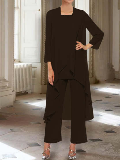 Ankle-Length Mother of the Bride Pantsuits with Jacket in Chiffon Round Neck and 3/4 Sleeves-BMbridal