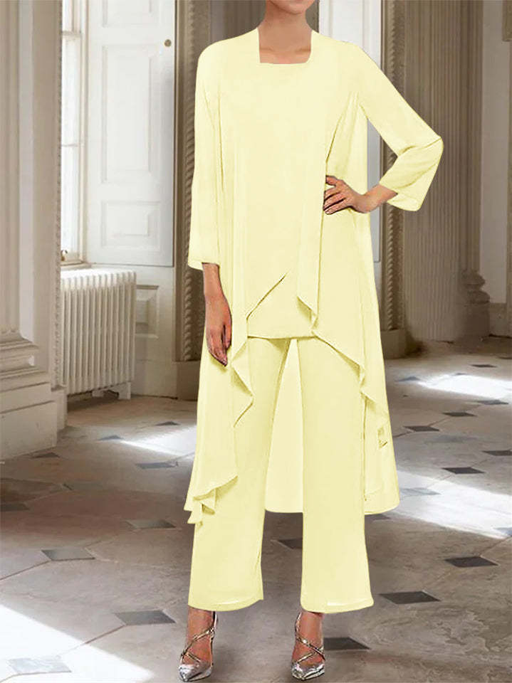 Ankle-Length Mother of the Bride Pantsuits with Jacket in Chiffon Round Neck and 3/4 Sleeves-BMbridal