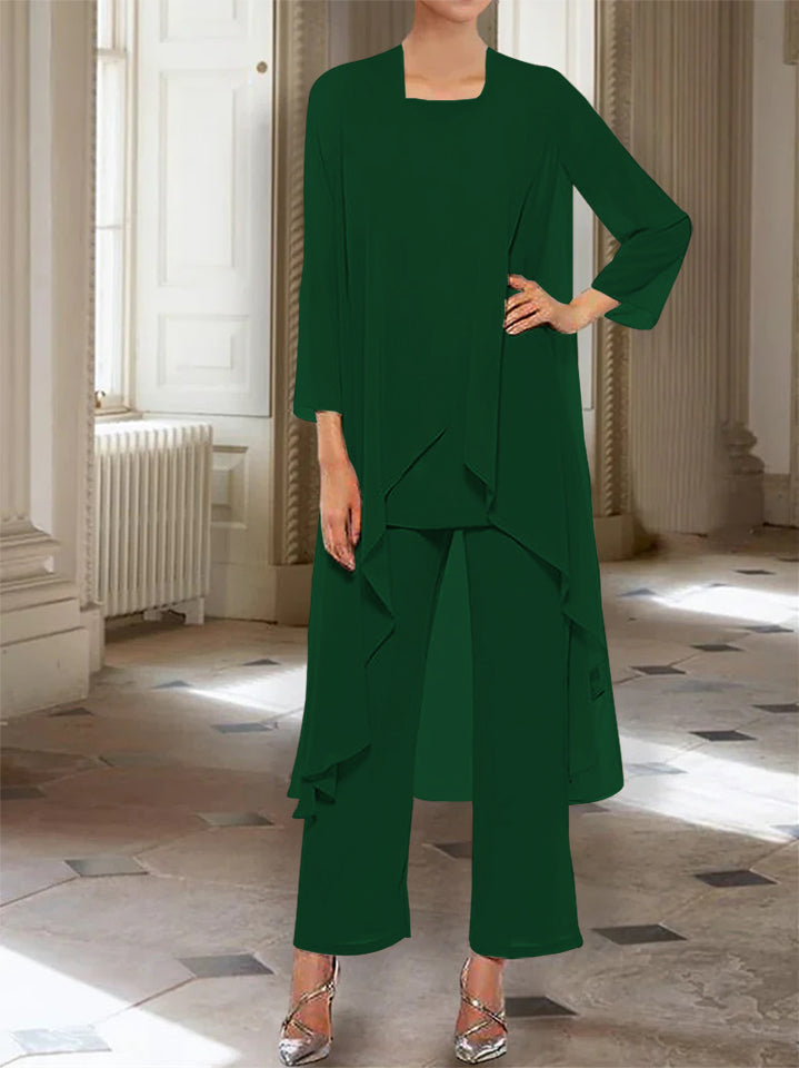 Ankle-Length Mother of the Bride Pantsuits with Jacket in Chiffon Round Neck and 3/4 Sleeves-BMbridal