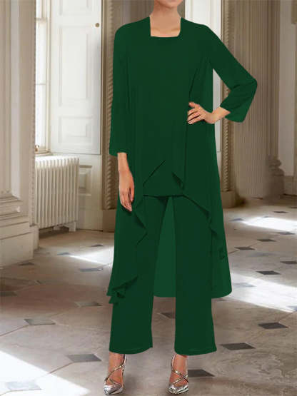 Ankle-Length Mother of the Bride Pantsuits with Jacket in Chiffon Round Neck and 3/4 Sleeves-BMbridal