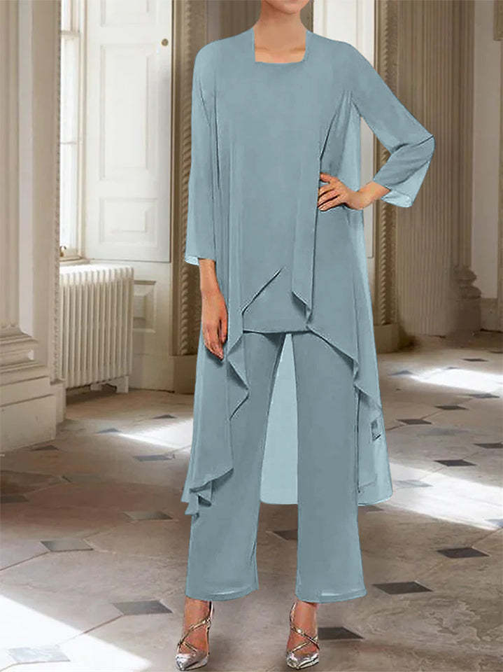 Ankle-Length Mother of the Bride Pantsuits with Jacket in Chiffon Round Neck and 3/4 Sleeves-BMbridal