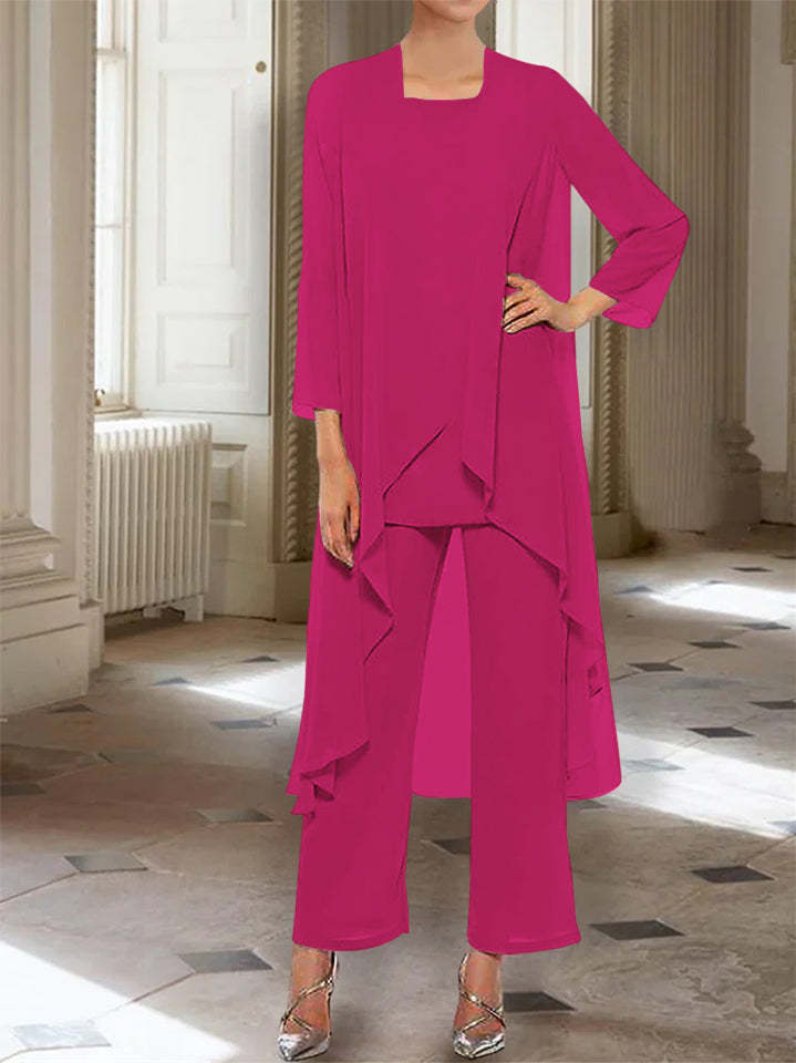 Ankle-Length Mother of the Bride Pantsuits with Jacket in Chiffon Round Neck and 3/4 Sleeves-BMbridal