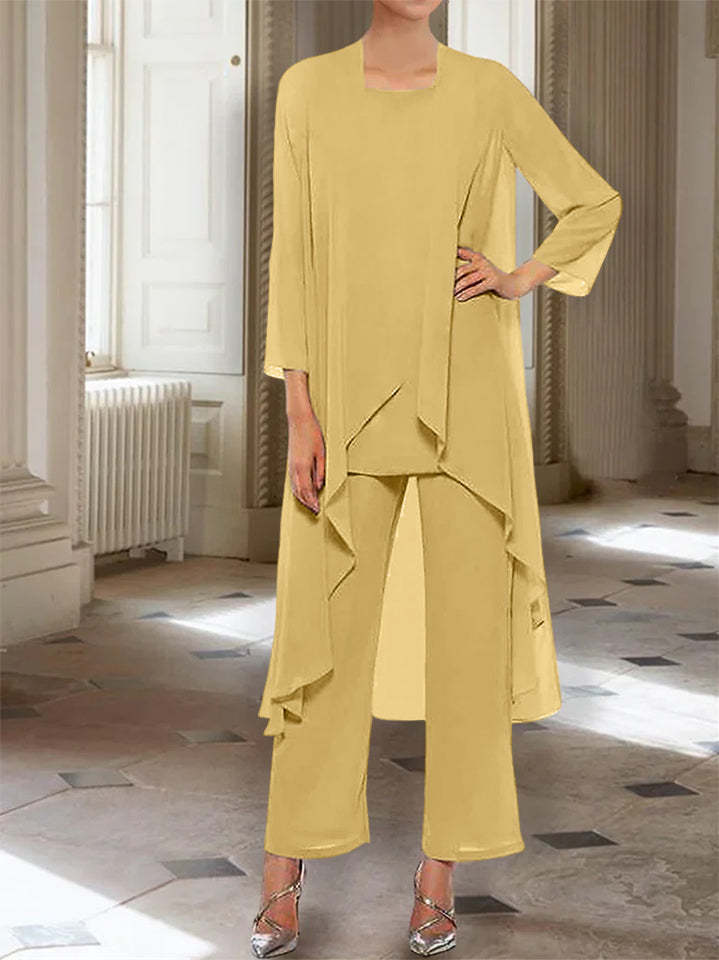 Ankle-Length Mother of the Bride Pantsuits with Jacket in Chiffon Round Neck and 3/4 Sleeves-BMbridal