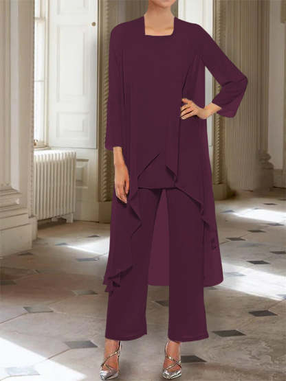 Ankle-Length Mother of the Bride Pantsuits with Jacket in Chiffon Round Neck and 3/4 Sleeves-BMbridal