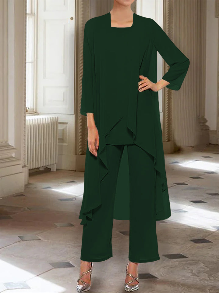 Ankle-Length Mother of the Bride Pantsuits with Jacket in Chiffon Round Neck and 3/4 Sleeves-BMbridal