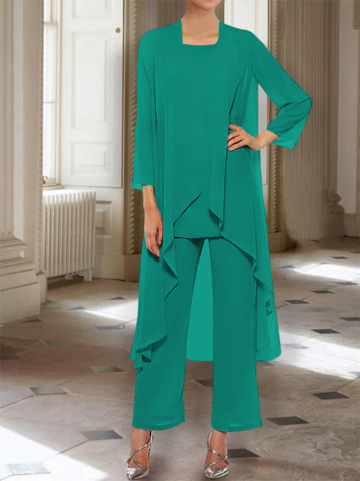 Ankle-Length Mother of the Bride Pantsuits with Jacket in Chiffon Round Neck and 3/4 Sleeves-BMbridal