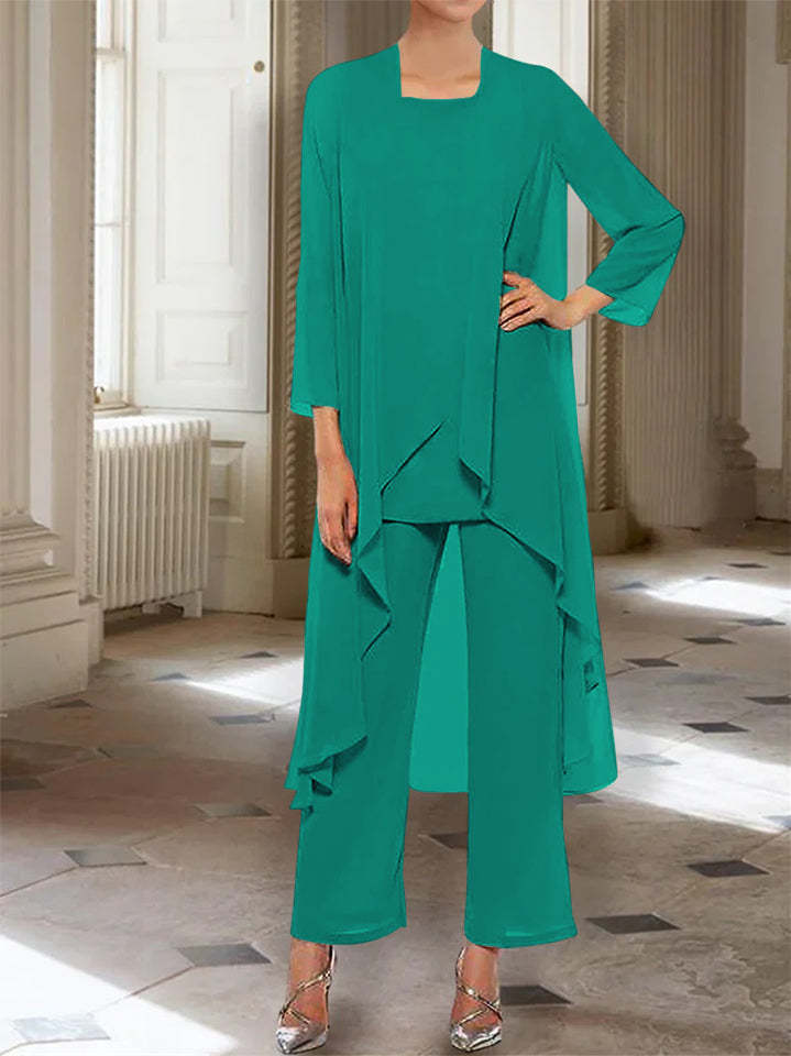 Ankle-Length Mother of the Bride Pantsuits with Jacket in Chiffon Round Neck and 3/4 Sleeves-BMbridal
