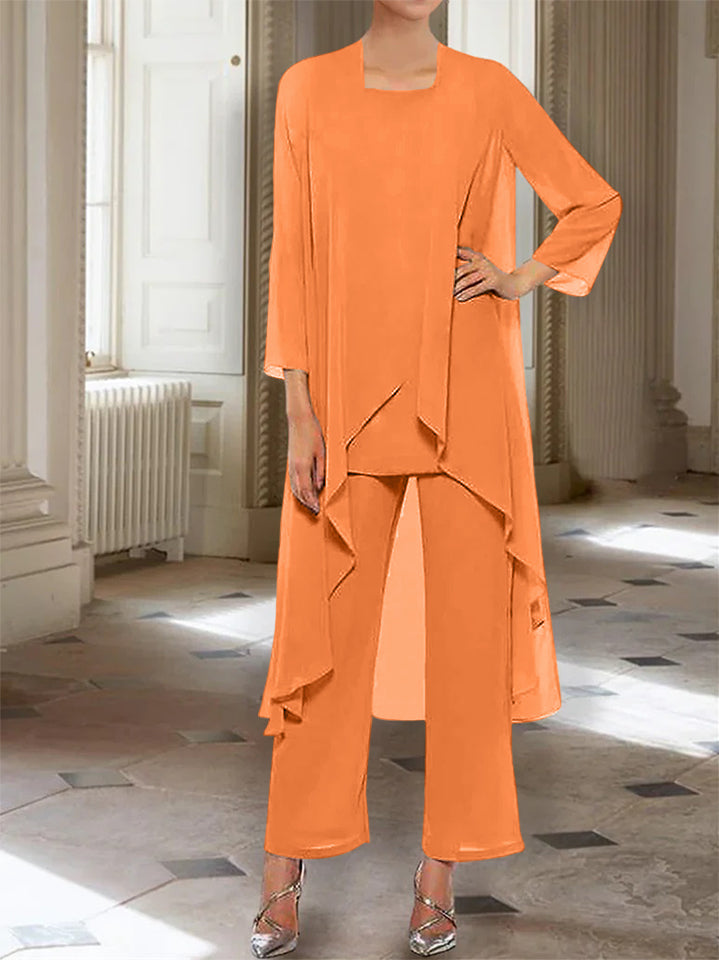 Ankle-Length Mother of the Bride Pantsuits with Jacket in Chiffon Round Neck and 3/4 Sleeves-BMbridal