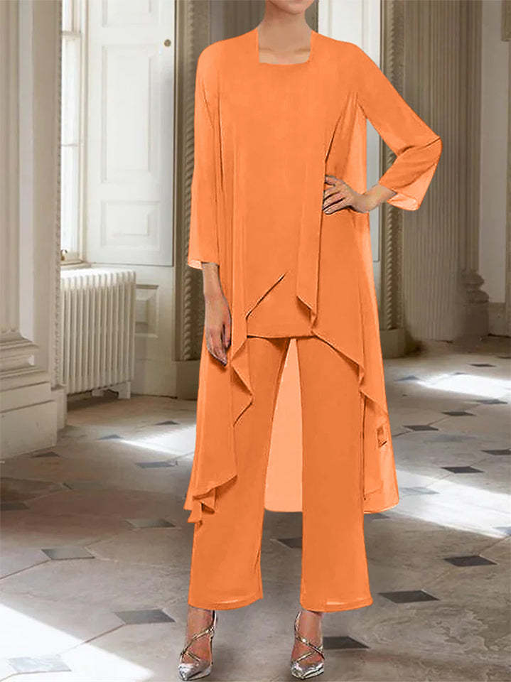 Ankle-Length Mother of the Bride Pantsuits with Jacket in Chiffon Round Neck and 3/4 Sleeves-BMbridal
