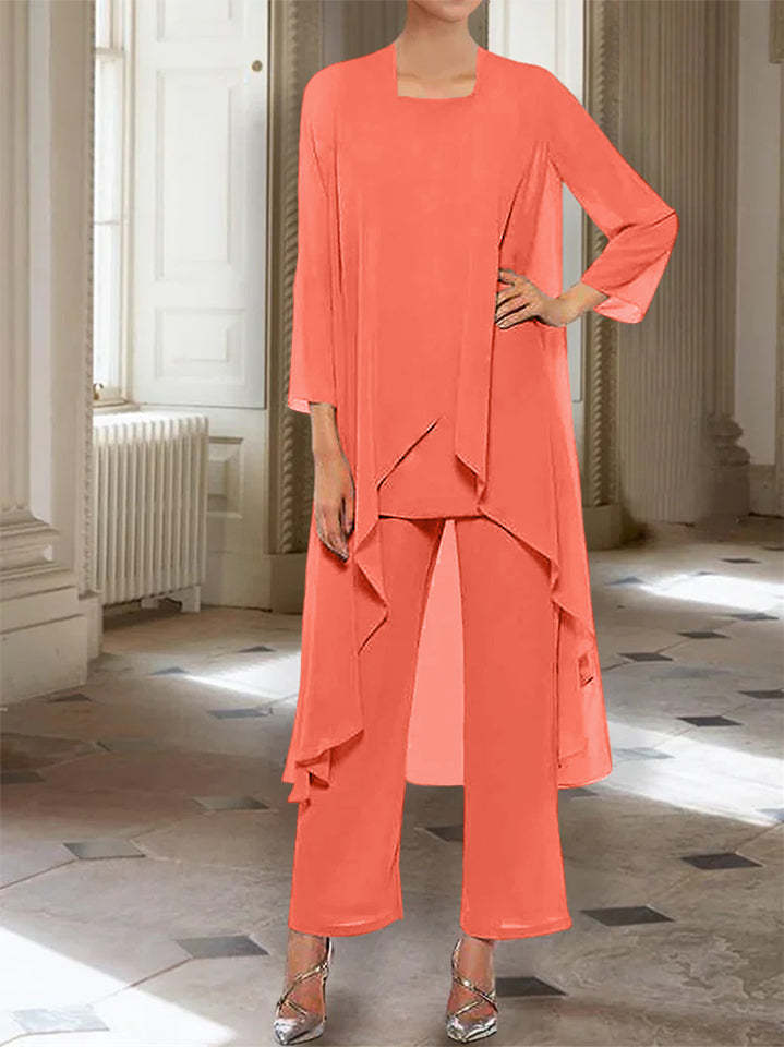 Ankle-Length Mother of the Bride Pantsuits with Jacket in Chiffon Round Neck and 3/4 Sleeves-BMbridal