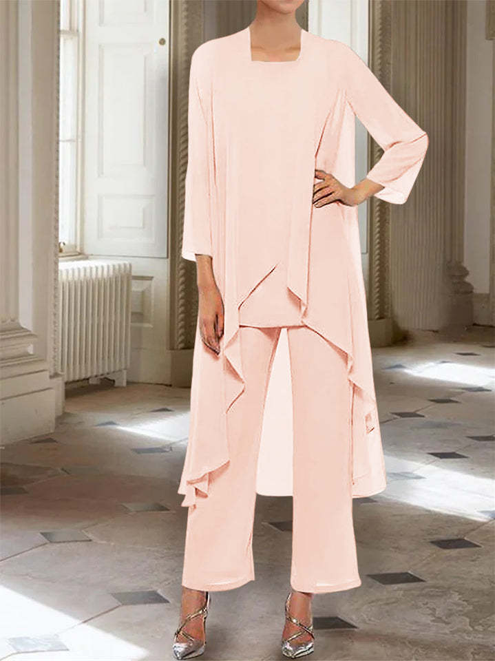 Ankle-Length Mother of the Bride Pantsuits with Jacket in Chiffon Round Neck and 3/4 Sleeves-BMbridal