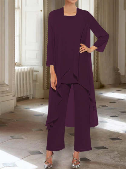 Ankle-Length Mother of the Bride Pantsuits with Jacket in Chiffon Round Neck and 3/4 Sleeves-BMbridal