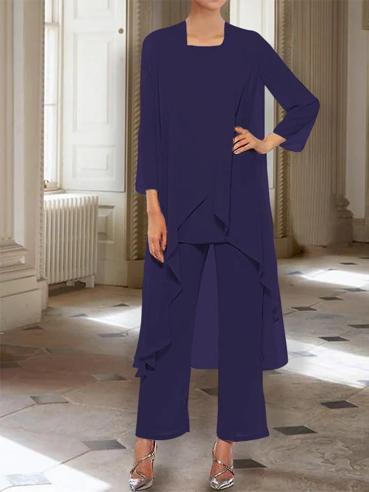 Ankle-Length Mother of the Bride Pantsuits with Jacket in Chiffon Round Neck and 3/4 Sleeves-BMbridal