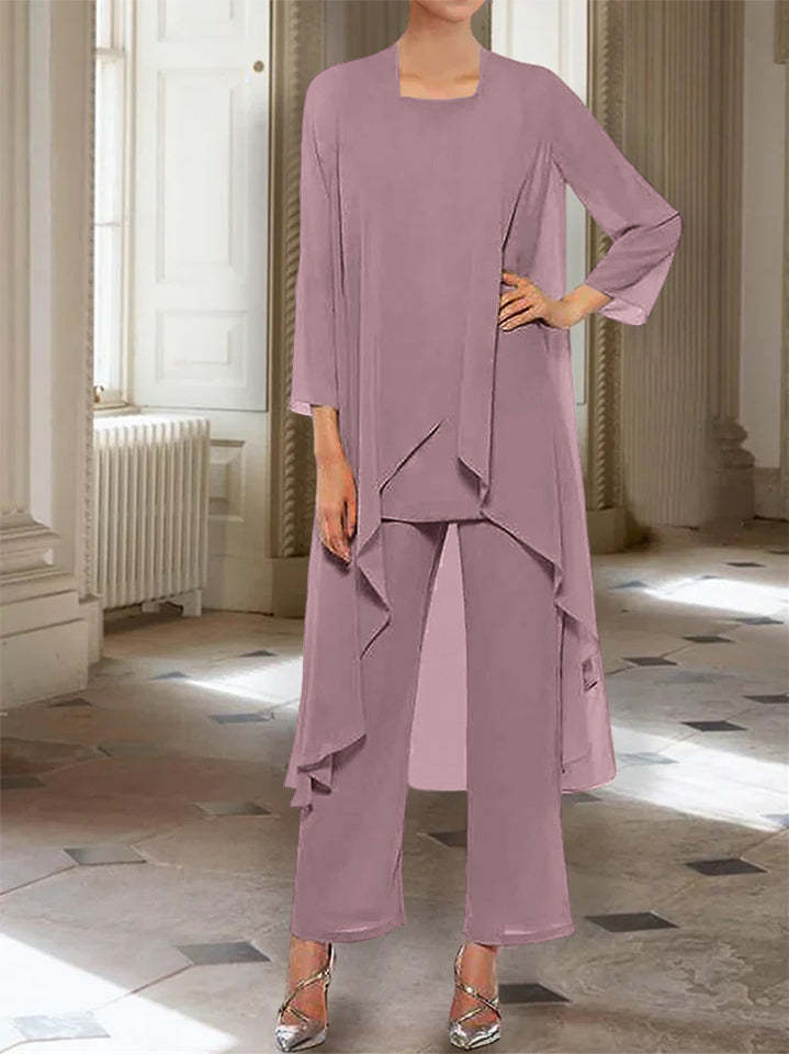 Ankle-Length Mother of the Bride Pantsuits with Jacket in Chiffon Round Neck and 3/4 Sleeves-BMbridal
