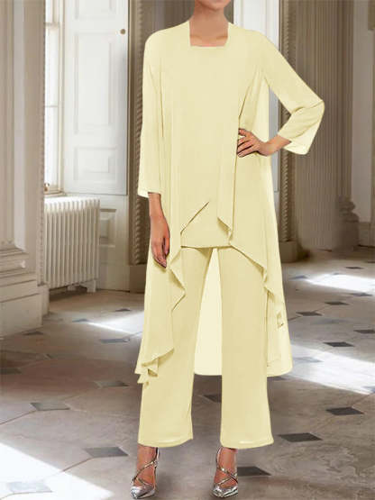 Ankle-Length Mother of the Bride Pantsuits with Jacket in Chiffon Round Neck and 3/4 Sleeves-BMbridal