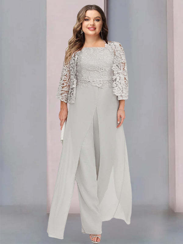 Floor-Length Square Neck Chiffon Mother of the Bride Pantsuit with Jacket & Side Split-BMbridal