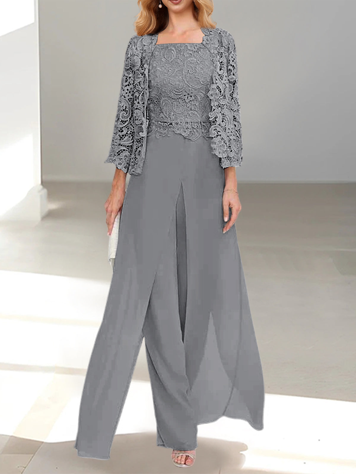 Floor-Length Square Neck Chiffon Mother of the Bride Pantsuit with Jacket & Side Split-BMbridal