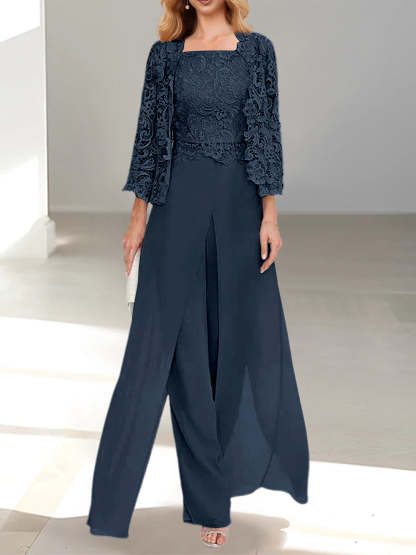Floor-Length Square Neck Chiffon Mother of the Bride Pantsuit with Jacket & Side Split-BMbridal