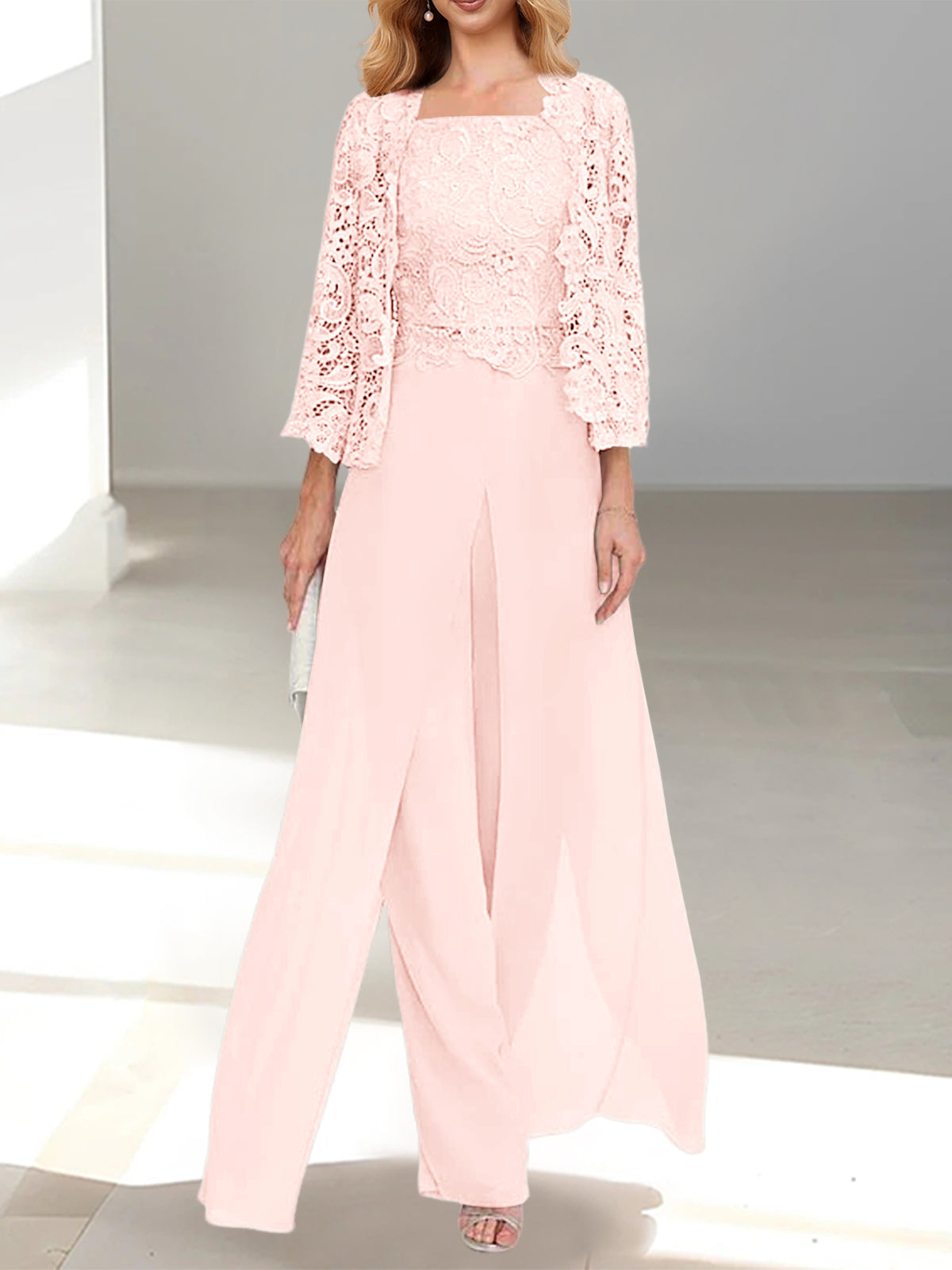 Floor-Length Square Neck Chiffon Mother of the Bride Pantsuit with Jacket & Side Split-BMbridal