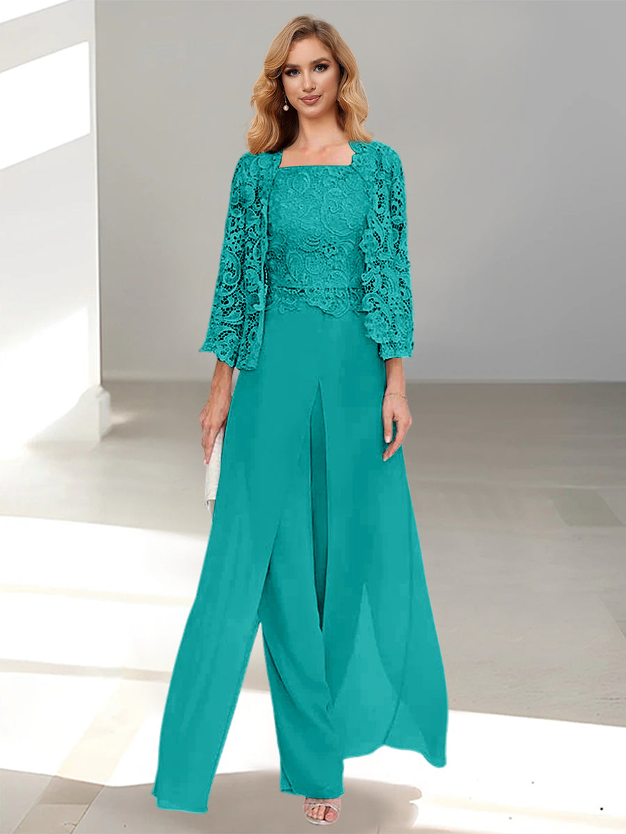 Floor-Length Square Neck Chiffon Mother of the Bride Pantsuit with Jacket & Side Split-BMbridal