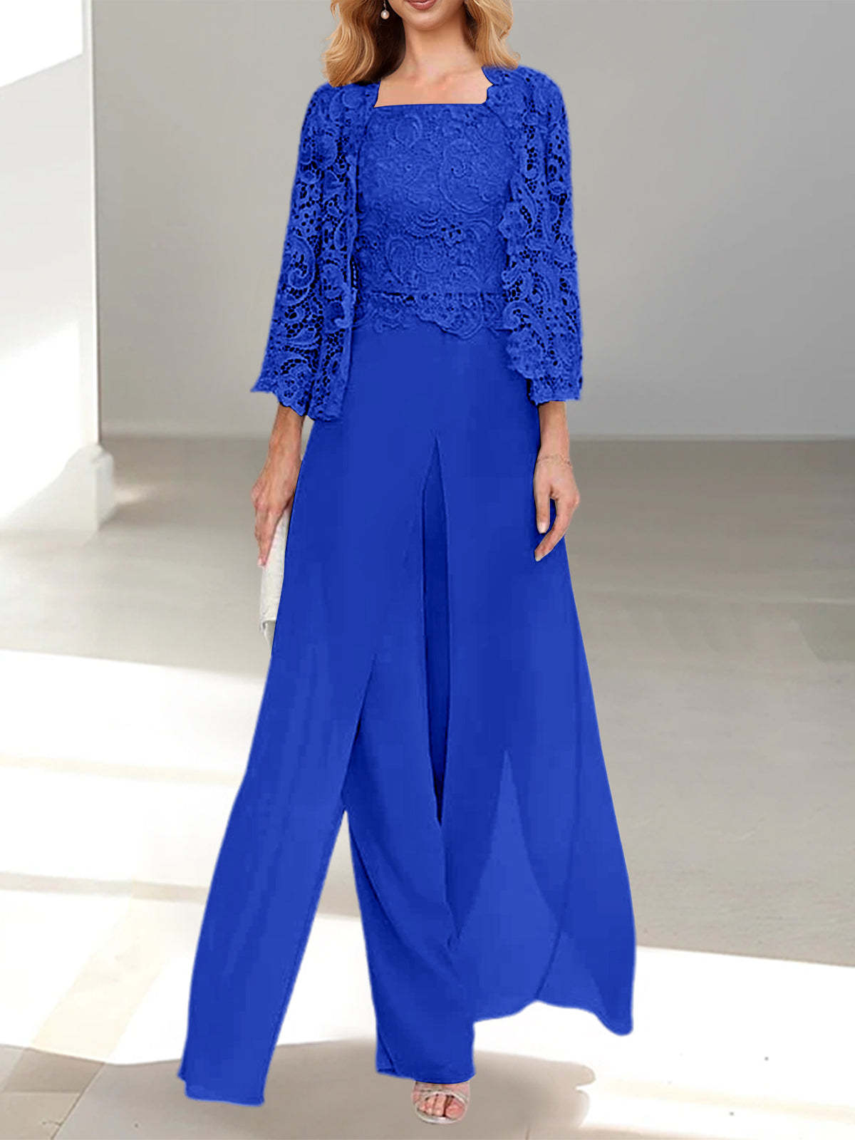 Floor-Length Square Neck Chiffon Mother of the Bride Pantsuit with Jacket & Side Split-BMbridal