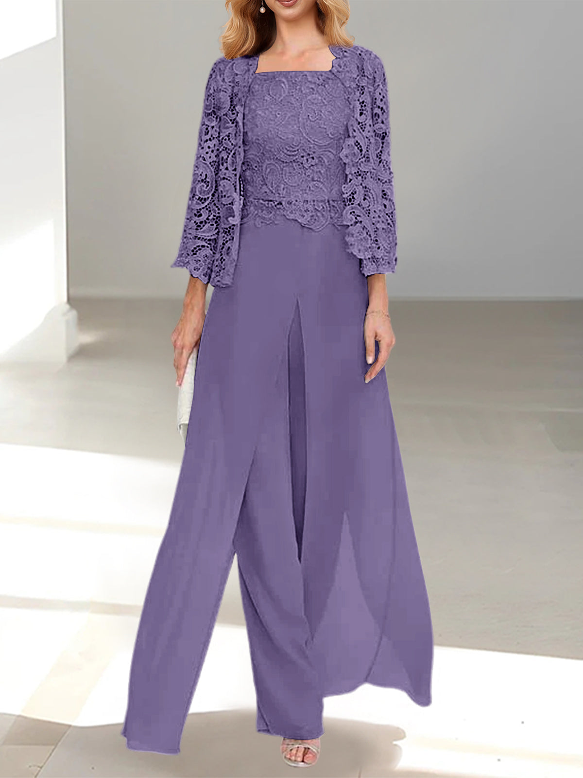 Floor-Length Square Neck Chiffon Mother of the Bride Pantsuit with Jacket & Side Split-BMbridal