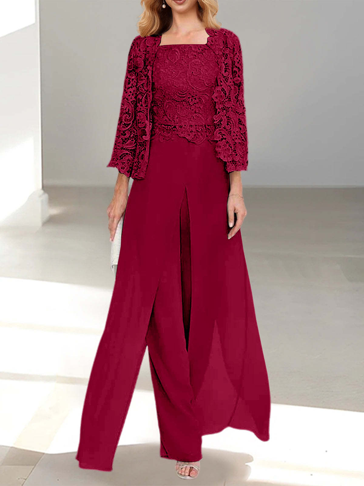 Floor-Length Square Neck Chiffon Mother of the Bride Pantsuit with Jacket & Side Split-BMbridal