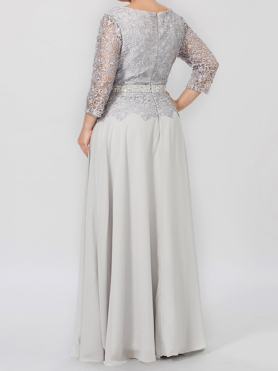 Floor-Length A-Line Princess Gown with Round Neck and 3/4 Sleeves Embellished with Applique & Sequins-BMbridal