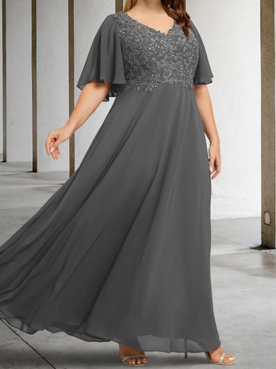V-Neck A-Line Princess Floor-Length Mother of the Bride Dress with Applique and Half Sleeves-BMbridal