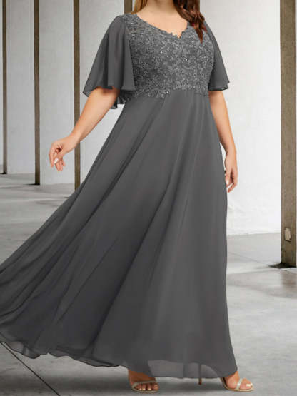 V-Neck A-Line Princess Floor-Length Mother of the Bride Dress with Applique and Half Sleeves-BMbridal