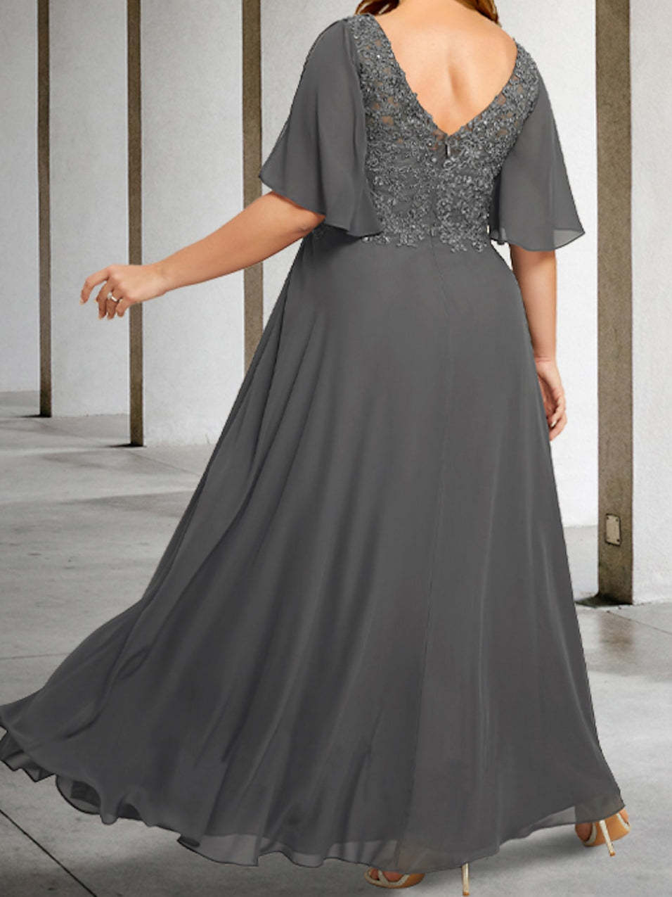 V-Neck A-Line Princess Floor-Length Mother of the Bride Dress with Applique and Half Sleeves-BMbridal