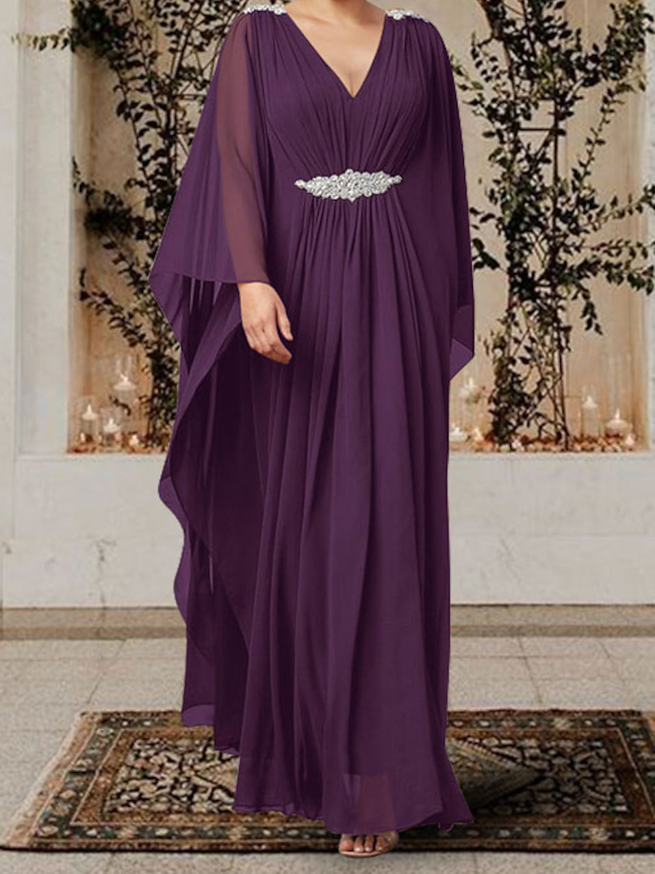 V-Neck A-Line Princess Mother of the Bride Dress with Rhinestones