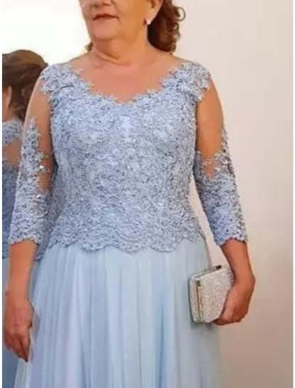 Floor-Length A-Line Mother of the Bride Dress with Sheer Neck and 3/4 Sleeves Featuring Applique-BMbridal
