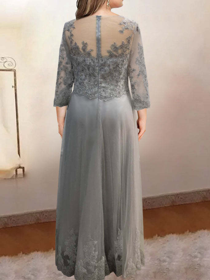 Floor-Length A-Line Mother of the Bride Dress with Sheer Neck and 3/4 Sleeves Featuring Applique-BMbridal